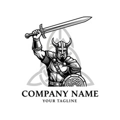 Viking warrior with sword and shield, Celtic knot background, logo template.