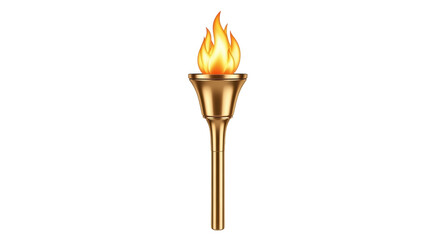 Isolated Olympic torch featuring a golden metal handle and burning flame, achievement symbol