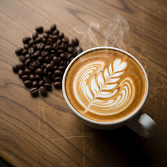 Top-down view of a steaming cup of artisan coffee with intricate latte art, placed on a rustic wooden table next to a small pile of coffee beans. Cozy, inviting atmosphere.
