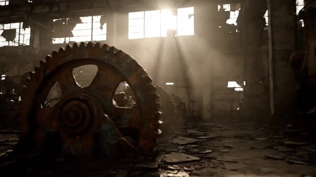 Abandoned Factory &ndash; Dusty, rusting gears slowly turning, shafts of light piercing through broken windows, particles floating in the air