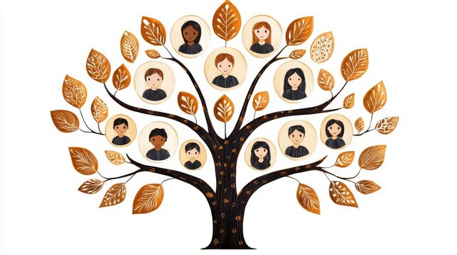 An artistic family tree illustration featuring diverse faces among vibrant autumn leaves.
