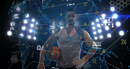 Athlete holding basketball with map emerging, animating icons and highlighting sports analytics - Powered by Adobe