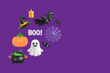 Halloween holiday concept with elements such as bat, cobweb, spider, candle, candy, pumpkin, cauldron, ghost, witch hat on purple background. 3d rendering. Greeting card mockup. Copy space