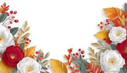 A decorative arrangement of autumnal flowers, leaves, and berries, forming a corner border against a white background.