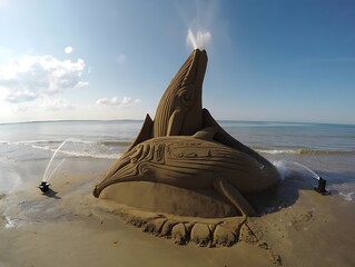 Inspiring Whale Sand Sculpture on Beach for Travel and Eco-Tourism Advertising, Showcasing Artistic Creativity and Marine Life Awareness