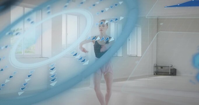 female dancer initiating arabesque into battement with blue overlays tracking motion for education