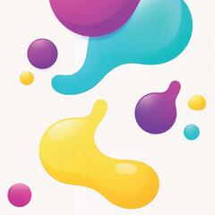Vibrant abstract fluid shapes with purple, yellow, and cyan colors on a light background