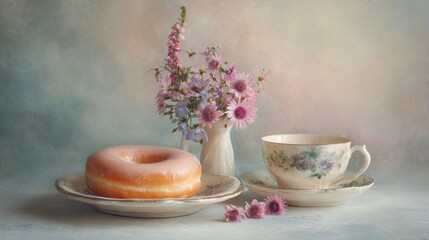Pink donut and flowers still life