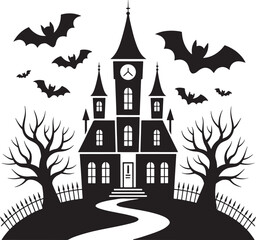 Haunted Blackwood Manor silhouette with moon bats and trees vector.