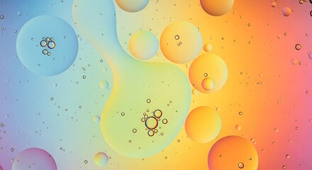 Close-up of colorful oil and water mixture, creating abstract bubbles and patterns.