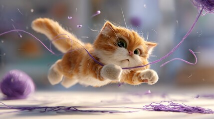 Playful kitten chasing string
