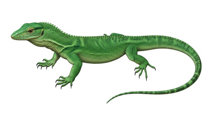 Isolated Green Water Dragon Reptile, Large Lizard with Scales and Claws, Forest Wildlife Art