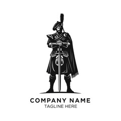 Black and white logo design of a Scottish Highlander warrior in traditional attire holding a claymore sword, standing on a small hill.