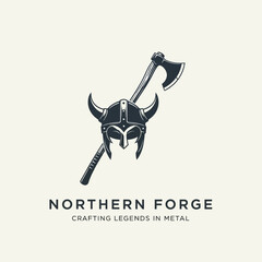 Vintage illustration of a horned Viking helmet and a battle axe, representing a brand called Northern Forge.