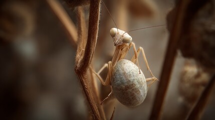 Praying mantis on dried branch