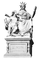 Black and white halftone rendering of a classical marble statue depicting two seated figures, one crowned and holding a scepter, symbolizing Europa with regal calm and mythological elegance