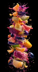 Sliced fruit explosion, vibrant colors against black