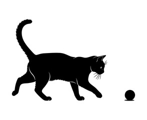 Silhouette of a black cat playing with a small ball of yarn vector