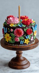 Vibrant floral cake on wooden stand