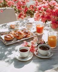 Outdoor breakfast scene with pastries, coffee, and juice