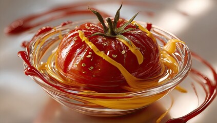 Tomato in a glass bowl, artfully styled with drips and swirls of yellow and red