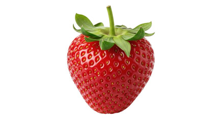 Isolated ripe red strawberry with green leaves, fresh berry for snack or dessert