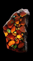 Backlit agate slice with vibrant, orange-red mosaic