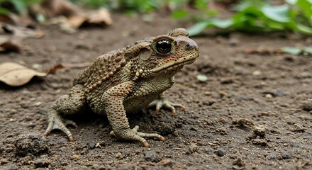 Obraz premium Close up of a brown toad on the ground outdoors with natural lighting