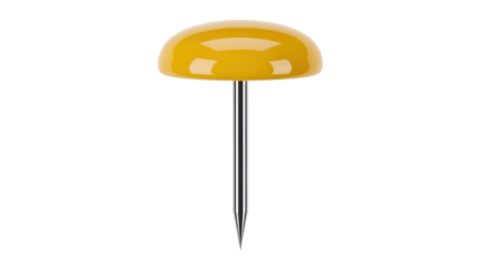 Isolated yellow pushpin stands upright, ready to use on any soft material or surface.
