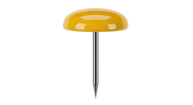 Isolated yellow pushpin stands upright, ready to use on any soft material or surface.