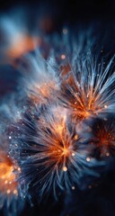 Abstract, glowing, wispy, fractal patterns of light-blue and orange