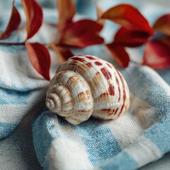 Seashell on checkered cloth, autumn leaves