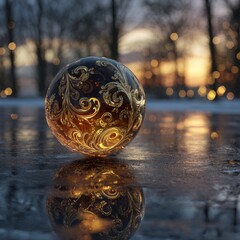 Ornate golden ball reflects on icy ground at sunset
