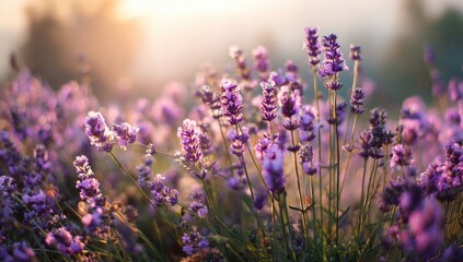 Lavender field blooms in soft, golden morning light