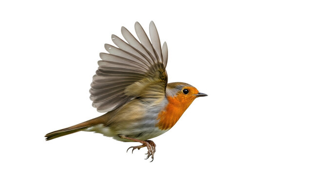 Isolated European robin in mid-flight, flapping its wings ready for another hop, outdoors