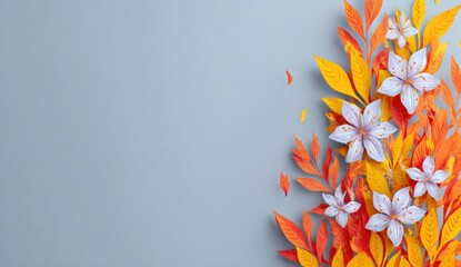 A vibrant arrangement of paper flowers and leaves in warm autumnal colors against a muted backdrop.