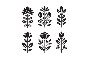 Set of six stylized black floral and leafy branch silhouettes