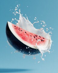 Watermelon slice splash on cyan background