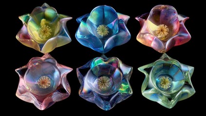 Six iridescent flower-like objects in various pastel colors, close-up view