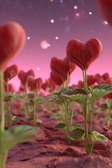 Field of heart flowers under a pink starry sky