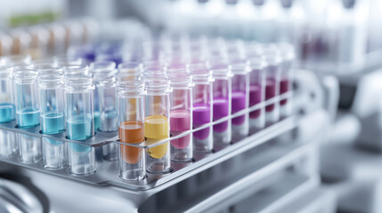 Closeup of test tube rack filled with colorful liquid samples in various shades. vibrant colors create visually striking display, ideal for laboratory settings