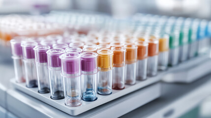 Closeup of test tube rack filled with colorful test tubes in laboratory setting. vibrant colors of tubes create visually striking arrangement, ideal for scientific research