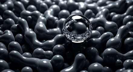 A single reflective metallic sphere stands out, resting on a dark, viscous, and lumpy liquid surface in a macro view.