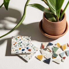 Plant, tiles, and mosaic pieces on white