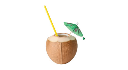 Isolated fresh coconut beverage with straw and umbrella, summer refreshment, tropical drink