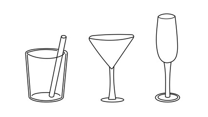 Vector outline set of wine, martini, champagne and cocktail glasses. Perfect for bar menus, restaurant branding, drink guides, posters, and cafe decor.