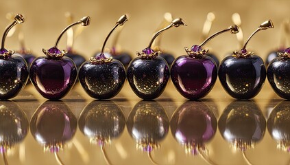 Row of dark purple, glittering cherries on gold surface