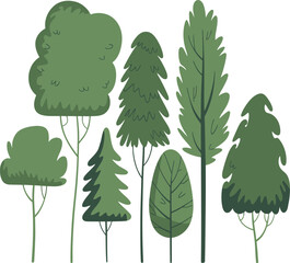 Fototapeta premium Collection of Six Green Trees Vector Clipart with Natural Foliage