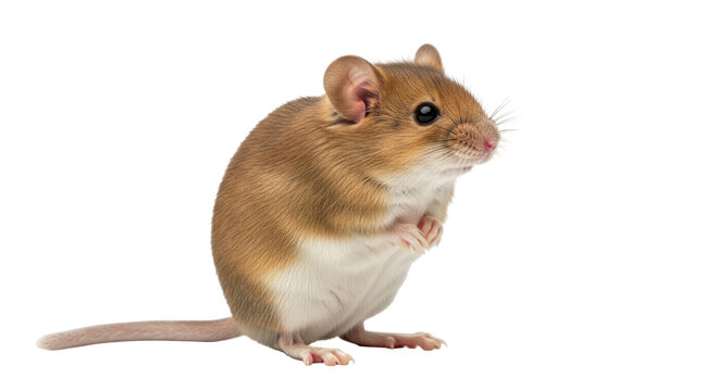 Isolated adorable deer mouse standing upright looking to the side with a pink nose