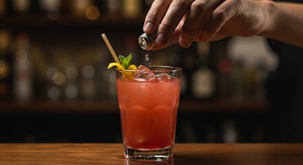 Close-up of bartender hand secretly adding substance to drink, concept of drink tampering and danger